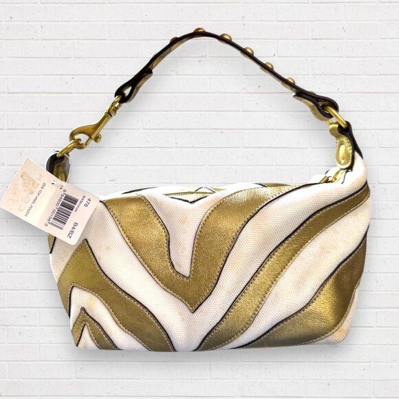 NWT Rare COACH Zebra Top Handle Pouchette Metallic Canvas Gold Studded Bag Purse - Picture 1 of 16